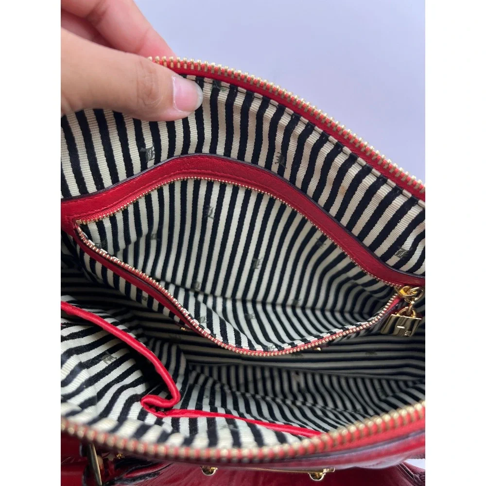 L.A.M.B. Gwen Stefani Red Leather Satchel Handbag Racing Stripe Tassel Gold HW